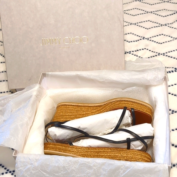 JIMMY CHOO Womens Black Ankle Strap Woven Drive 60 Square Toe Wedge Buckle Leather Espadrille Shoes main image 0